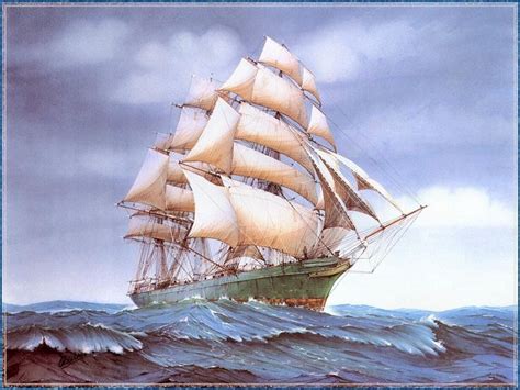 In this de Vries painting, the beautiful and swift Thermopylae with her famous green hull glides ...