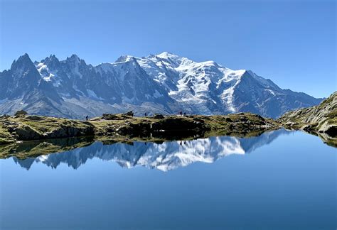 Mont Blanc and Lac Blanc (near Chamonix, France). Taken while hiking the Tour du Mont Blanc in ...