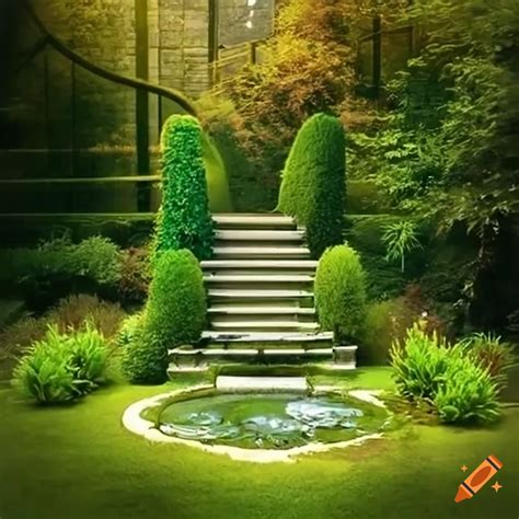 Rococo garden with a pond and stairways on Craiyon