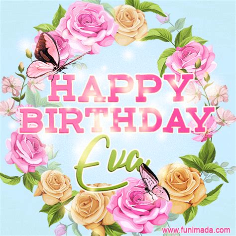 Beautiful Birthday Flowers Card for Eva with Animated Butterflies | Funimada.com