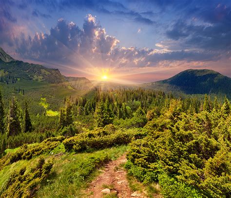 Wallpaper Rays of light Nature mountain forest Scenery sunrise and