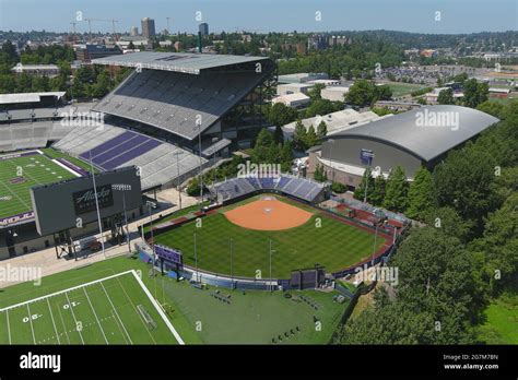 An aerial view of the Husky Softball Stadium on the campus of the University of Washington ...