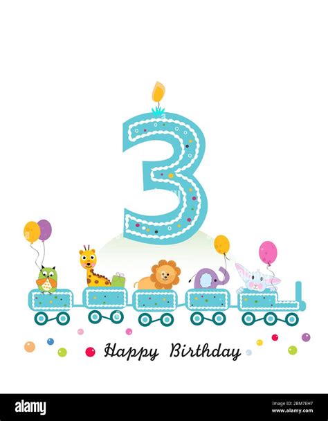 Happy third birthday greeting card. Birthday train with animals Stock ...