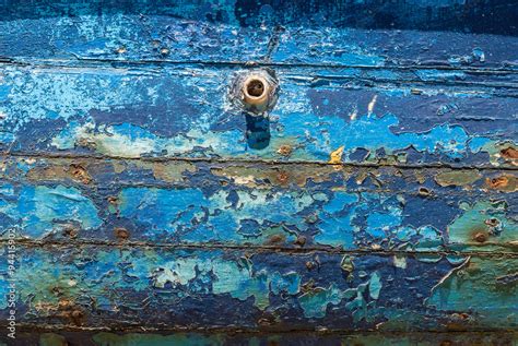 Part of traditional wooden fishing boat, painted in blue color, in Greece Stock Photo | Adobe Stock