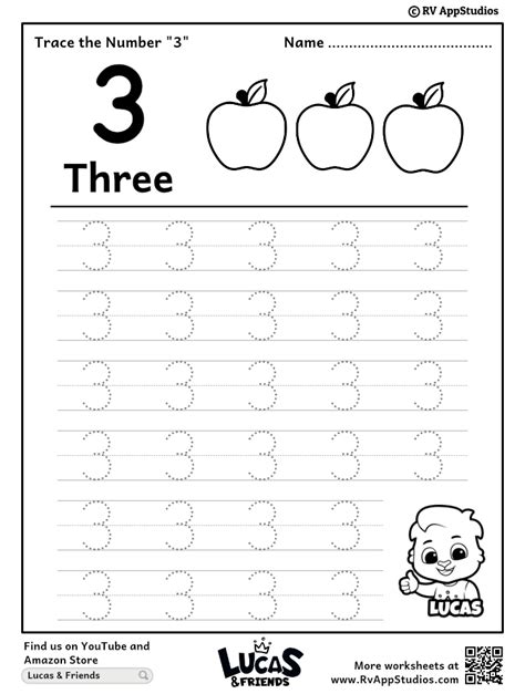 Trace Number '3' Worksheet for FREE for Kids