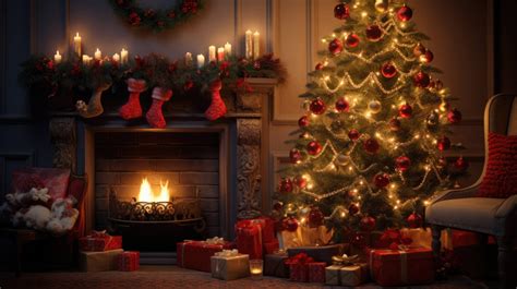 A cozy Christmas scene with a decorated tree and gifts by a fireplace