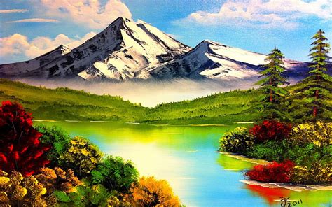 MOUNTAIN RIVER, mountain, painting, river, spring, Bob Ross, HD wallpaper | Peakpx