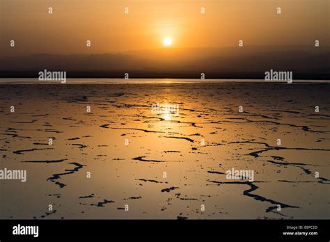 Sunset at the Lake Assal, salt lake in the Danakil Depression, Ethiopia ...