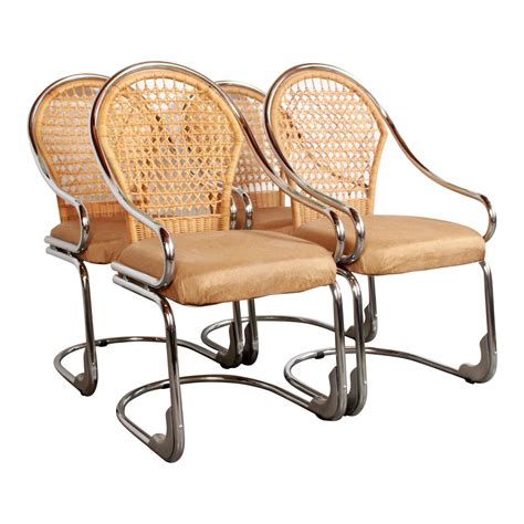 Mid Century Modern Italian Chrome & Woven Rattan Wicker Dining Chairs ...