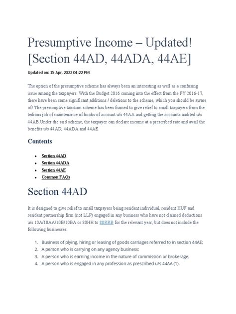 Presumptive Income – Updated! [Section 44AD, 44ADA, 44AE | PDF | Tax Deduction | Taxes