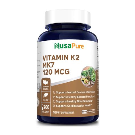 Vitamin K2 MK7 120 mcg 200 Veggie Caps (Non-GMO, Vegetarian & Gluten-Free) Supports Normal ...