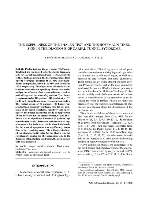 (PDF) The usefulness of the Phalen test and the Hoffmann-Tinel sign in the diagnosis of carpal ...