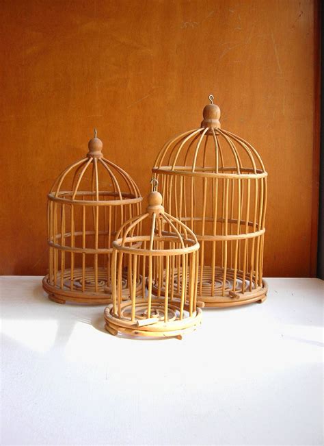 Hanging Bird Cage Set : 3 Bamboo or Rattan Vintage Plant Holders ...