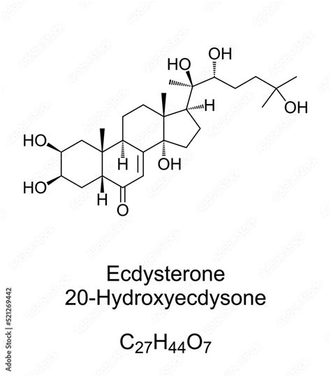 Ecdysterone, chemical formula and structure. 20-Hydroxyecdysone, 20E ...