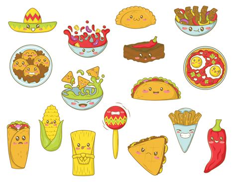 bundle of kawaii clip art with mexican food in cartoon doodle style ...