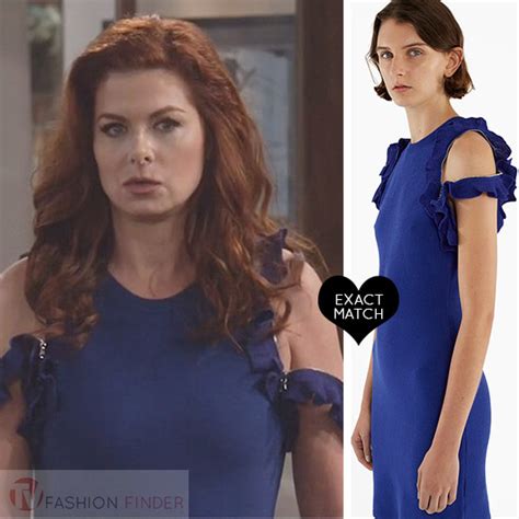 Debra Messing as Grace Adler in blue off shoulder ruffled dress on Will and Grace season 9 ...