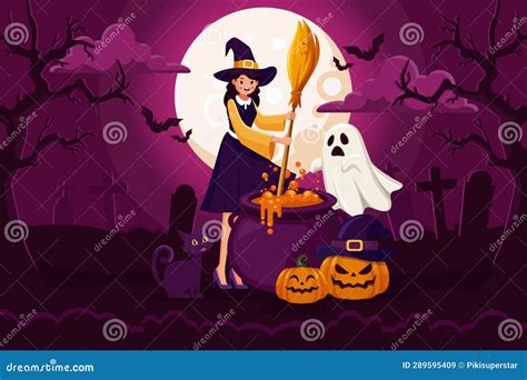 Cute Halloween Witch with Broom Design Illustration Stock Vector ...