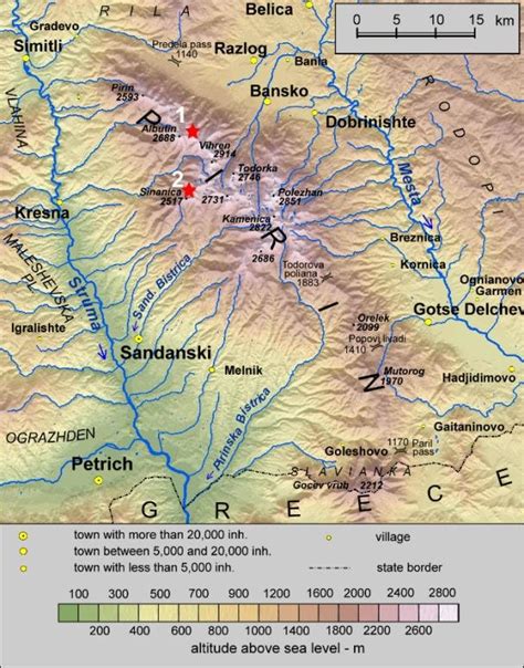 Map of Pirin Mountains with the study objects: 1 -Razlozhki suhodol ...