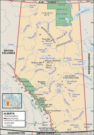 Stock Illustration - Physical map of Alberta, Canada, showing national parks, lakes and other ...