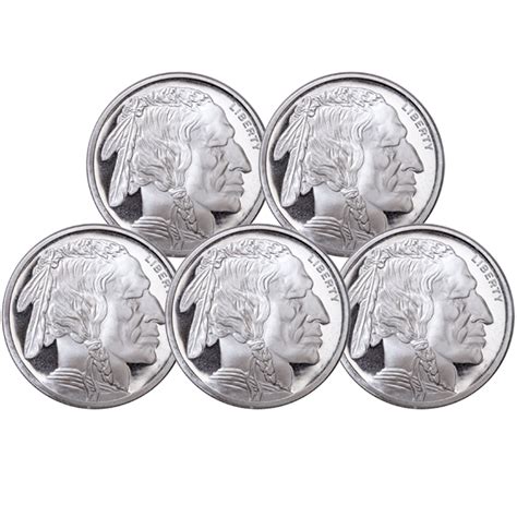 5-Count of 1oz .999 Fine Golden State Mint Buffalo Silver Rounds