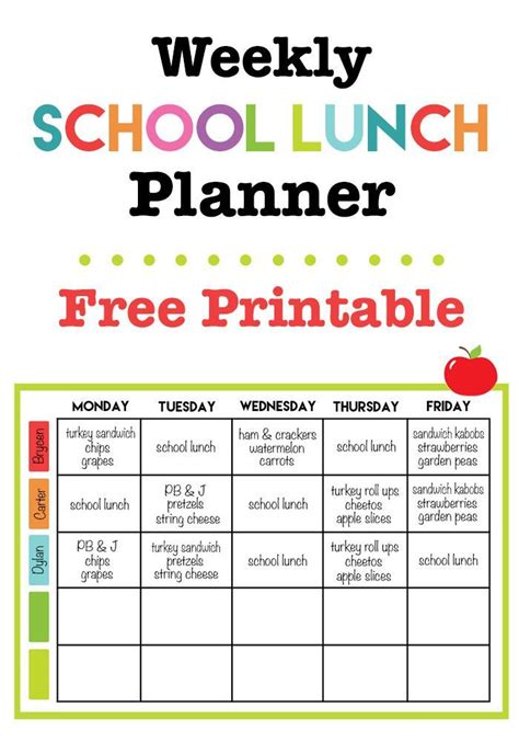 Weekly School Lunch Planner Printable - Cupcake Diaries | School lunch menu, Lunch planner ...