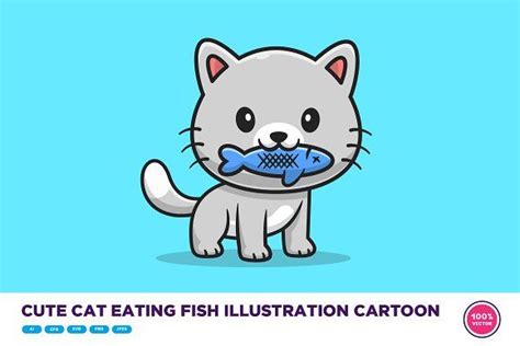 Cute Cat Eating Fish Illustration by Catalyst Labs on @creativemarket ...