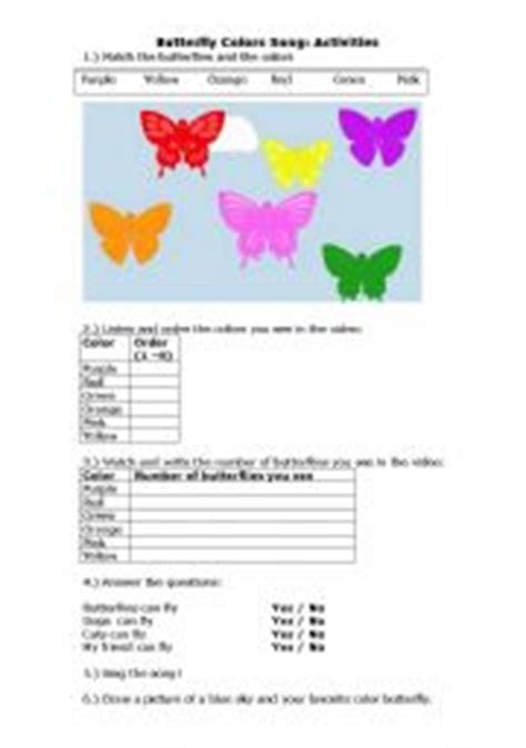 English worksheets: The Butterfly Color Song- colours