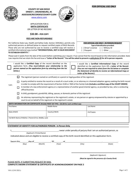 Form V01 - Fill Out, Sign Online and Download Fillable PDF, County of San Diego, California ...