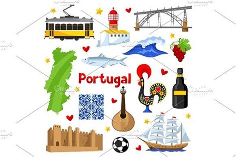 Portugal icons set. Portuguese national traditional symbols and objects ...