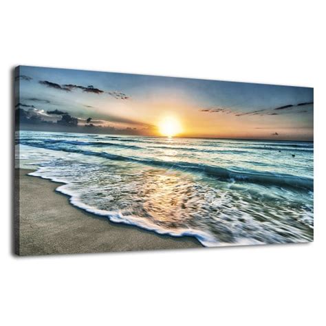 Canvas Art Wall Decor Sunset Beach Blue Waves Ocean Art Large Modern Artwork Canvas Prints ...