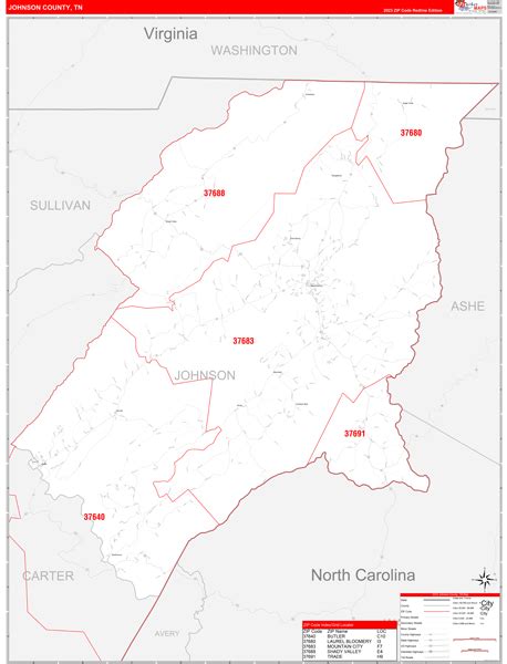 Johnson County, TN Zip Code Wall Map Red Line Style by MarketMAPS ...