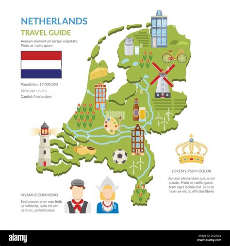 Flat design netherlands travel guide infographics presenting green map with dutch symbols flag ...