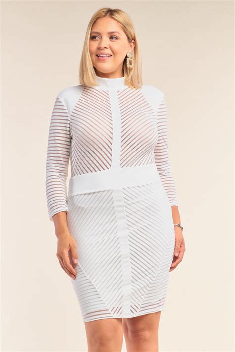 White Plus Size Long Sleeve Chevron Sheer Bodycon Mini Dress