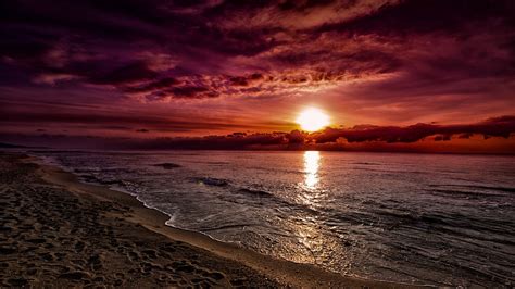 Desktop Wallpaper Horizon, Sunset, Beach, Clouds, Nature, Hd Image ...