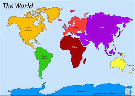 Printable map of the 7 continents with labelled in a different color ...