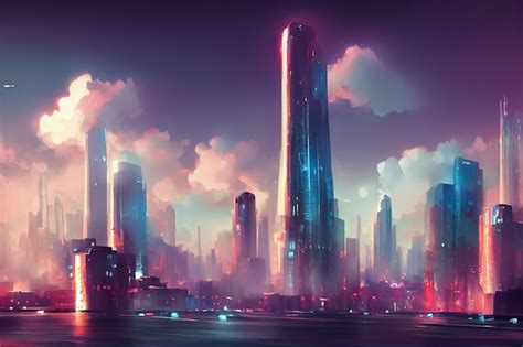 Premium Photo | Futuristic city Concept Art Cityscape with bright neon lights 3D illustration