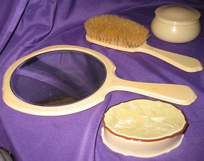 Vintage BERKSHIRE Fiberloid IVORY Vanity Set-Mirror Brush Powder ...