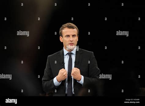 Strasbourg, France. 4th October, 2016. Emmanuel Macron gives a speech on stage during his ...