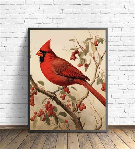 Cardinal Bird Poster Art Print, Animal Retro Artwork Painting - Etsy