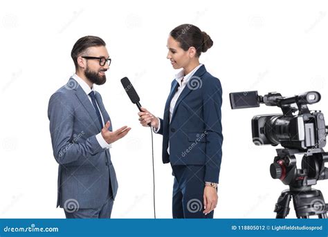 Smiling Female Journalist with Microphone and Video Camera Interviewing ...