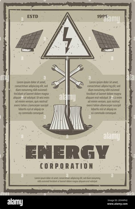 Energy corporation or power plant vintage poster. Vector retro design of solar panels and ...