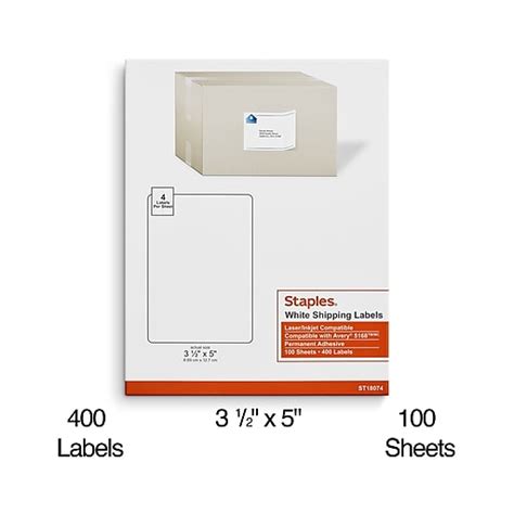 Staples Laser/Inkjet Shipping Labels, 3 1/2" x 5", Bright White, 4 Labels/Sheet, 100 Sheets/Pack ...