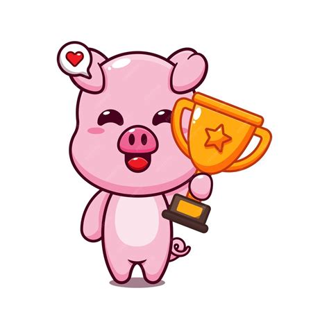 Premium Vector | Cute pig holding gold trophy cup cartoon vector illustration