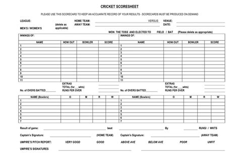 Cricket score sheet in Word and Pdf formats