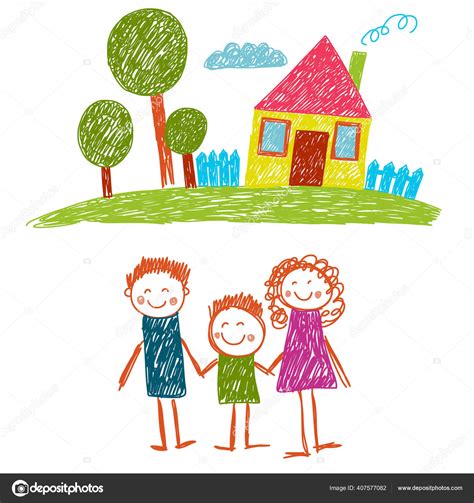 Happy family with house. Kids drawing. Kindergarten children ...