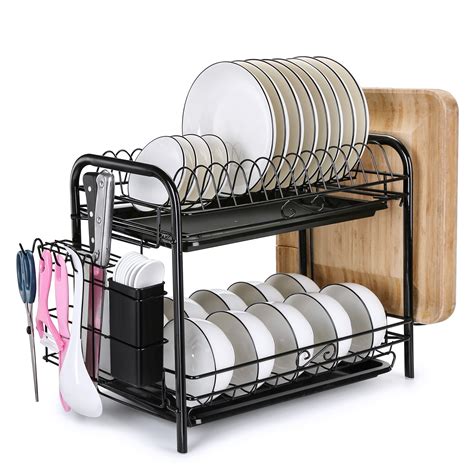 Odoland 2 Tiers Dish Drying Rack 2 Tier Chrome Dish Drainer Rack Kitchen Storage with draining ...