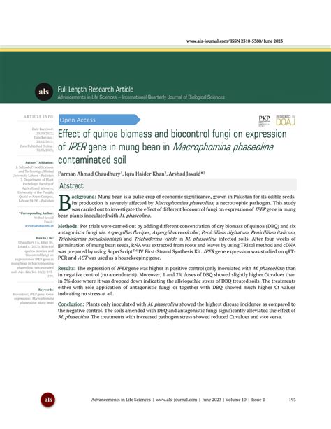 (PDF) Effect of quinoa biomass and biocontrol fungi on expression of ...