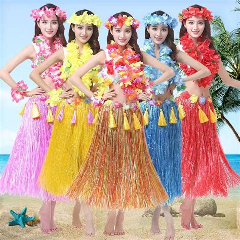 Hawaiian Hula Grass Flower Party Dress Luau Skirt Beach Dance Costume ...