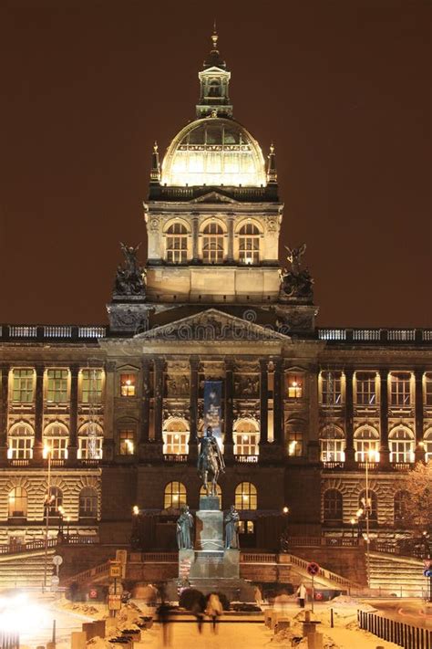 National Museum on Snowy Wenceslas Square in the Night, Prague Stock Image - Image of medieval ...