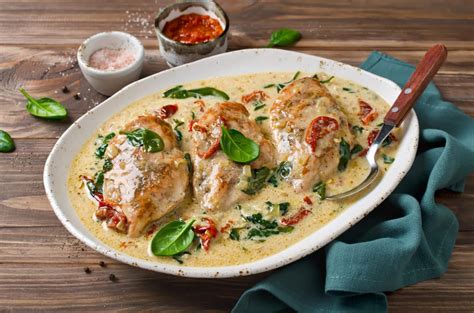 Poulet à la crème, épinards et tomates séchées - La Recette